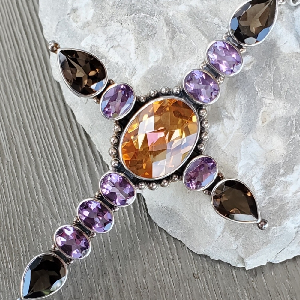 NICKY BUTLER NB 925 Sterling Silver Amethyst Smoky Quartz Cross Pendant Necklace - Picture 7 of 12
